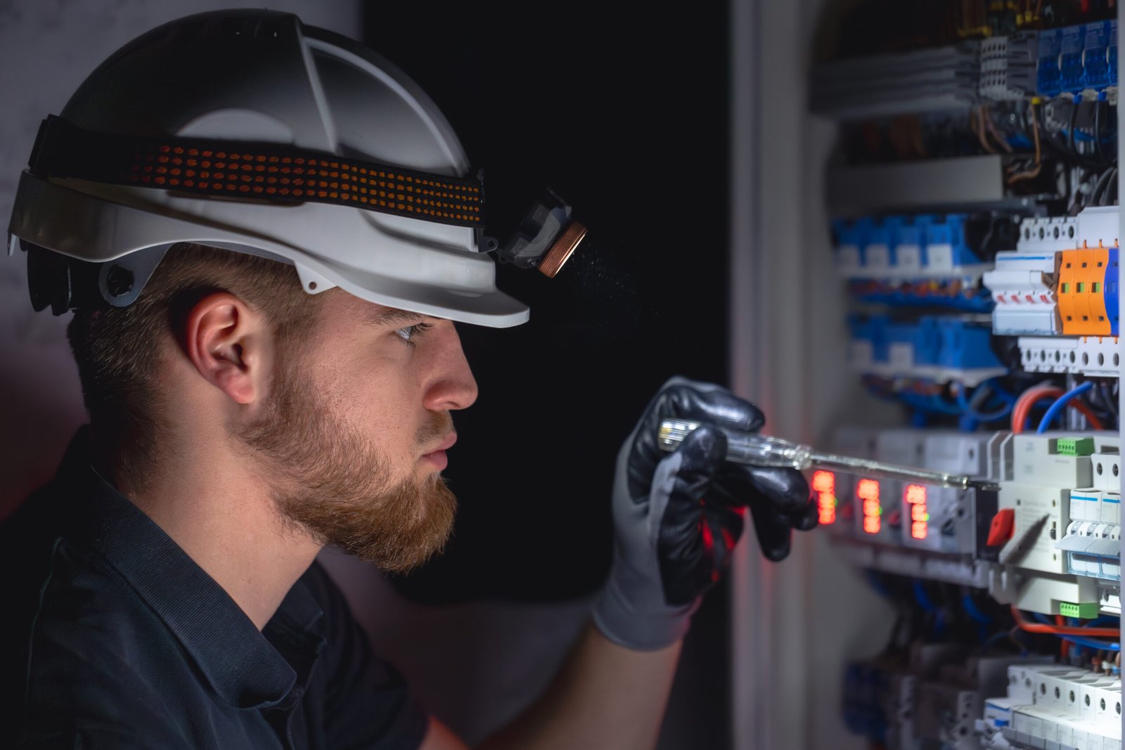 a male electrician works in a switchboard in overalls against the backdrop of emergency lighting.